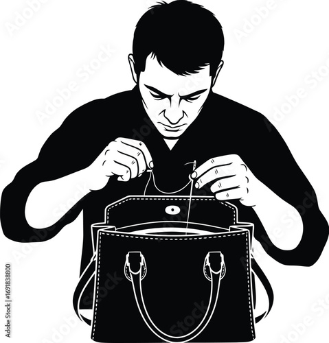 A man looking for something in his bag, he is wearing a black shirt and has dark hair and is concentrated