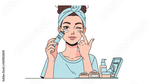 Young woman with towel on head applying eye cream with applicator for skincare routine and beauty treatment with products on table