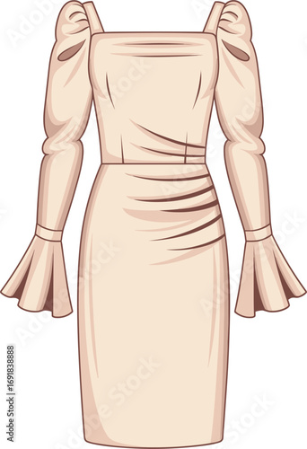 Beige square neck long sleeve dress with ruched waist and flared cuffs Keywords: dress, fashion, clothing, garment, apparel