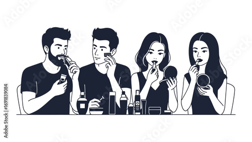 Diverse group of young men and women applying makeup and grooming themselves in a modern artistic illustration style