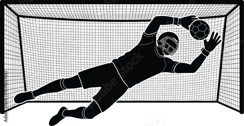 Goalkeeper in action saving a ball, silhouette of a soccer goalie diving to block a shot during a match