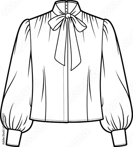 Fashion flat sketch of a white blouse with a bow tie neckline and balloon sleeves shirt clothing