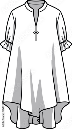 Fashion flat sketch of a white tunic dress with ruffled short sleeves and a unique hem clothing apparel