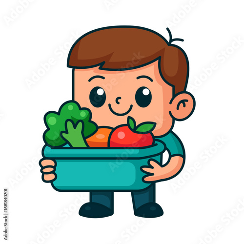 Cartoon boy holding lunchbox with vegetables vector illustration