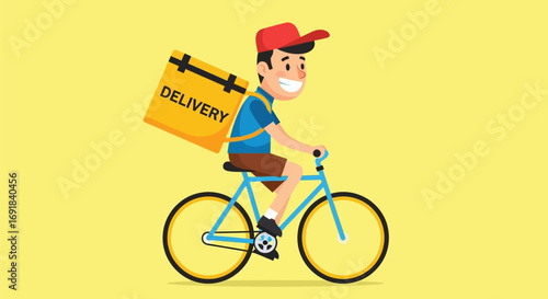 Cartoon Delivery Boy on Bicycle with Yellow Delivery Box