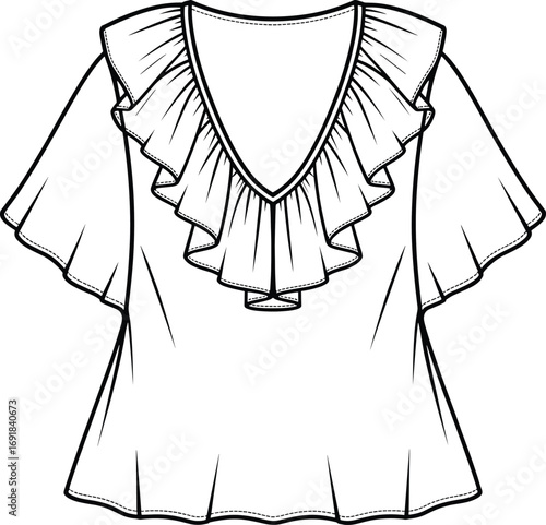 Fashion illustration of a ruffled V-neck blouse with short flutter sleeves drawing sketch