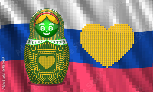 Vector digital Russian cyber nesting doll. Pixel wavy flag of Russian Federation and yellow dotted heart. Smiling national toy. With love from Russia