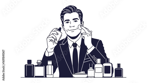 Stylish man in suit applying skincare product to his face with grooming products arranged on a table in front of him