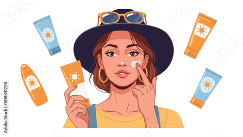 Young woman applying sunscreen to her face surrounded by various tubes of sunblock lotion protecting her skin from harmful uv rays