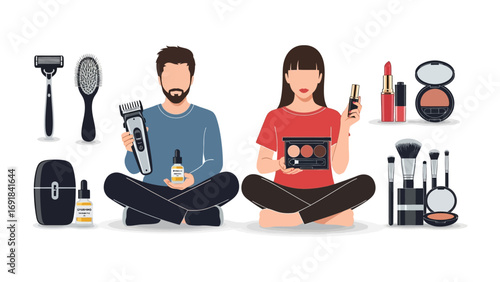 Modern man and woman sitting cross legged surrounded by grooming and makeup products representing self care and beauty routines for both genders