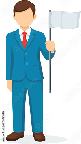 Businessman in a formal suit holding a white flag as a symbol of surrender or truce