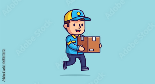 Cartoon Delivery Man Running with Package on Blue Background