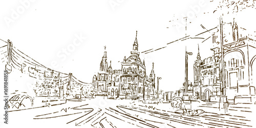 Vector art drawing of the Church of the Holy Sepulchre and the Church of St John the Baptist in Prague