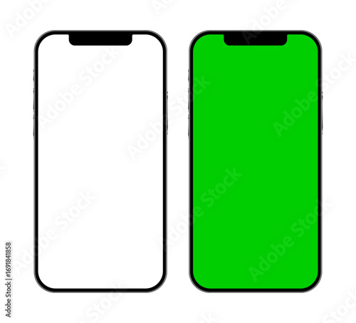 iPhone 16 or 17 pro pax green and white screen mobile phone mockup template set for advertisement. Modern smartphone device user interface, vector illustration