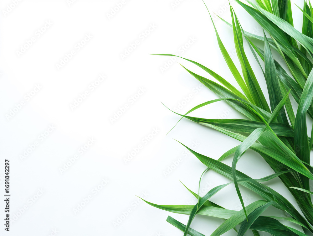 Fototapeta premium Fresh green leaves spread out on a clean white surface create a calming and natural aesthetic. The long, slender shapes add texture and contrast to the bright background.