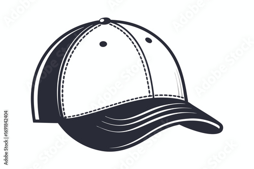 Black and white line art shows a baseball cap in clear detail