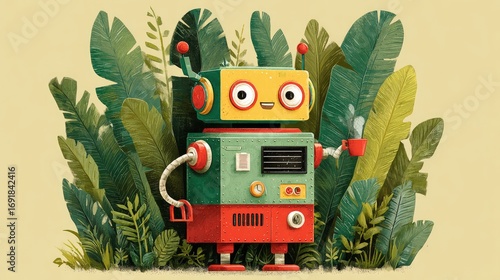 Whimsical Robot Hiding Amongst Large Tropical Leaves