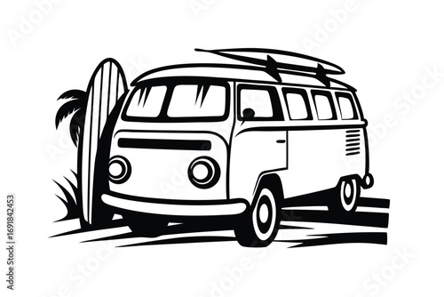 Black and white old van is parked near a palm tree and surfboard