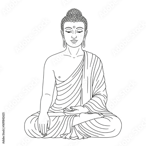 Sitting Buddha Illustration – Serene Meditative Figure in Traditional Buddhist Style, Black and White Line Art