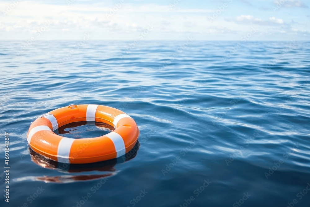 Naklejka premium Lifebuoy floating in calm ocean waters under a clear sky