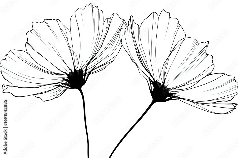 Obraz premium Detailed black and white illustration of two cosmos flowers.