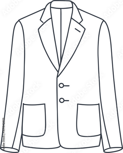 Outline drawing of a classic men's suit jacket with two buttons and flap pockets blazer clothing