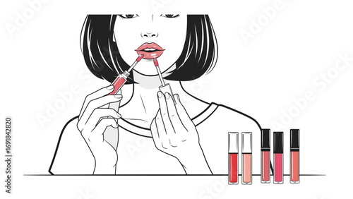 Close up of a young woman with short dark hair applying vibrant red lipstick with a messy smudge on her lips and chin