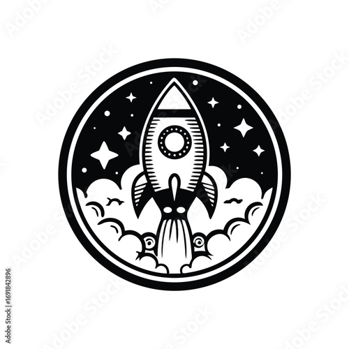 Black and white rocket soars through the star dotted sky inside a circle