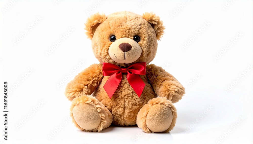 Fototapeta premium Light brown teddy bear with red bow, sitting upright on white background.