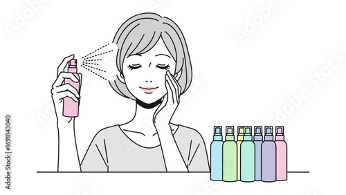 Line art illustration of a woman applying facial mist spray to her face with eyes closed and a row of colorful cosmetic bottles on a surface