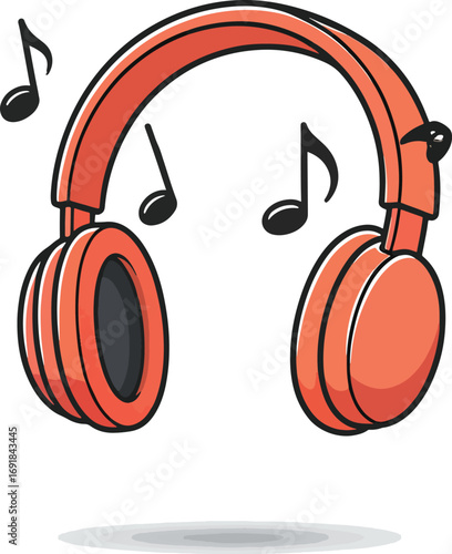 Stylized Orange Headphones Surrounded by Musical Notes Illustration