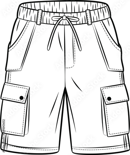 Outline drawing of men's cargo shorts with drawstring waist and multiple pockets clothing fashion