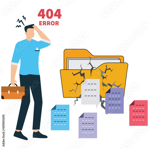 A frustrated businessman is experiencing a 404 error, indicating a missing file or page, isolated on white background the concept of website problems