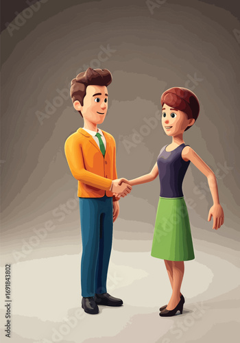 Smiling 3D cartoon characters, a man and a woman, shaking hands in a professional agreement, symbolizing partnership, cooperation, and successful business dealings in a friendly interaction