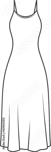 Simple A-line dress outline with thin spaghetti straps on white background fashion clothing
