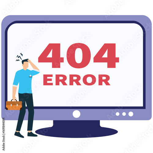 A man is standing in front of a computer screen with a 404 error message, looking confused and holding a toolbox isolated on white background