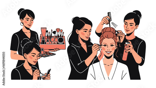 Diverse group of professional makeup artists and hairstylists working together to create a glamorous look for a female model backstage at a fashion show