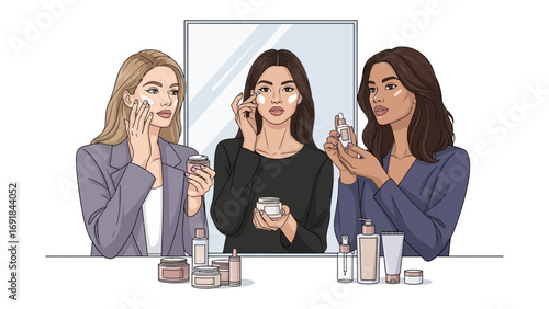 Three diverse young women applying skincare products in front of a mirror with various beauty bottles and jars on a table