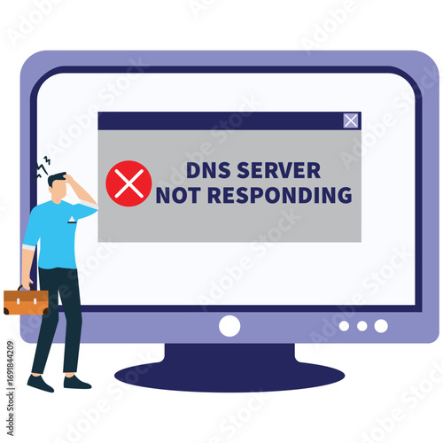 A frustrated man with a briefcase stands next to a large computer monitor displaying a dns server not responding error message isolated on white background
