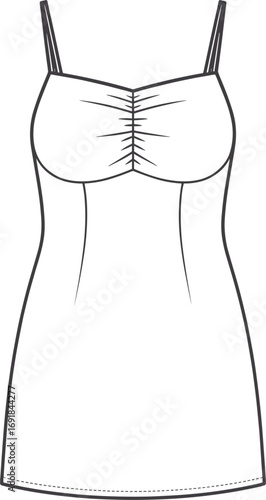 Ruched bust camisole top outline with thin spaghetti straps on white background fashion clothing