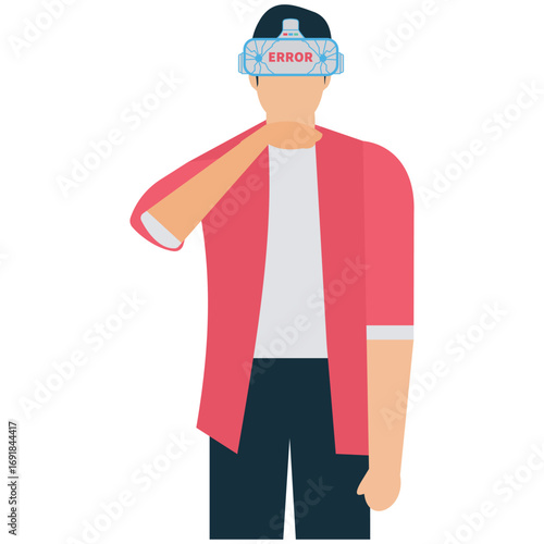 A man wearing virtual reality glasses with an error message, experiencing discomfort and touching his neck, isolated on white background