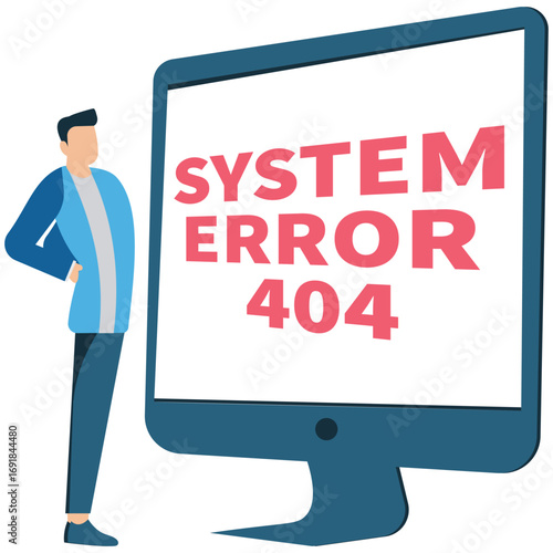 A frustrated man stands beside a computer screen displaying a system error 404 message, symbolizing technical difficulties and the need for troubleshooting