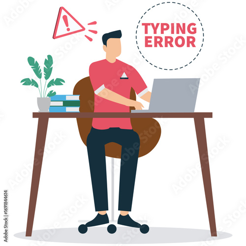 A man is working on a laptop and making a typing error, isolated on white background the concept of mistakes and errors in the workplace or study