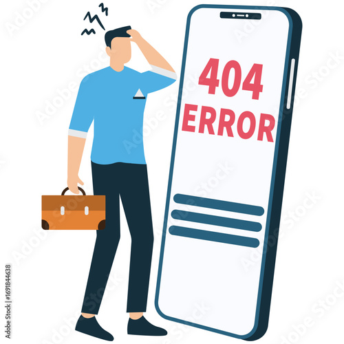 A man is standing next to a phone with the word 404 error on the screen isolated on white background he is holding his head in frustration