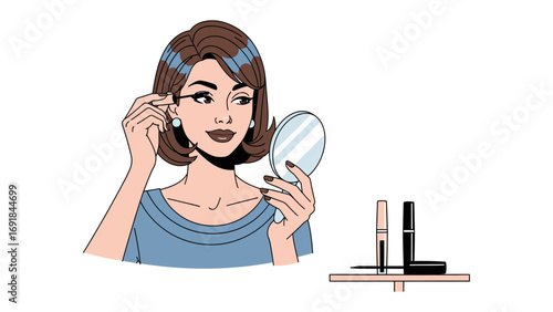 Retro pop art illustration of a stylish woman applying mascara to her eyelashes while holding a compact mirror and looking in a mirror