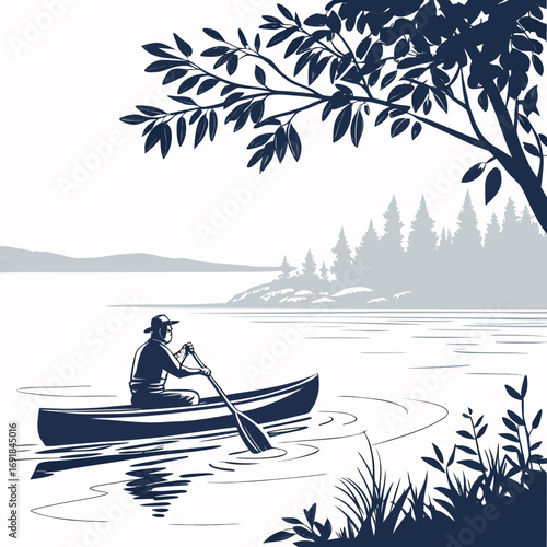 Man Canoeing on Lake with Forested Shoreline and Tree Silhouette Keywords: canoe, canoeing, man