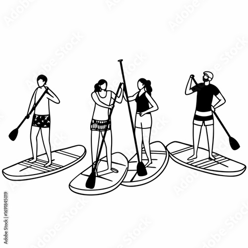Group of People Stand Up Paddleboarding Together in Outline Style Keywords: paddleboarding, stand up