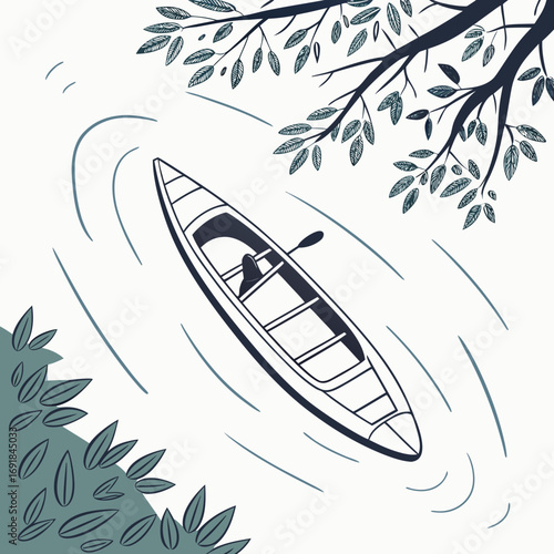 Kayak with paddle in water under tree branches canoe boat