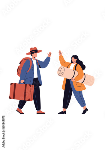 Excited young couple embarking on an adventurous vacation together carrying luggage and backpacks