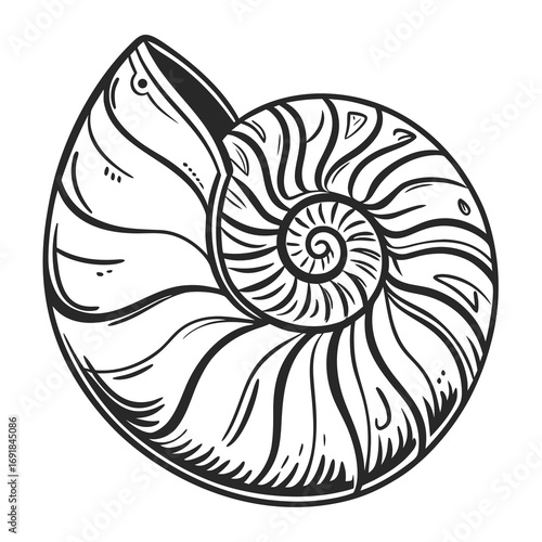 Nautilus shell cross section on white background Keywords: nautilus shell, seashell, marine life
